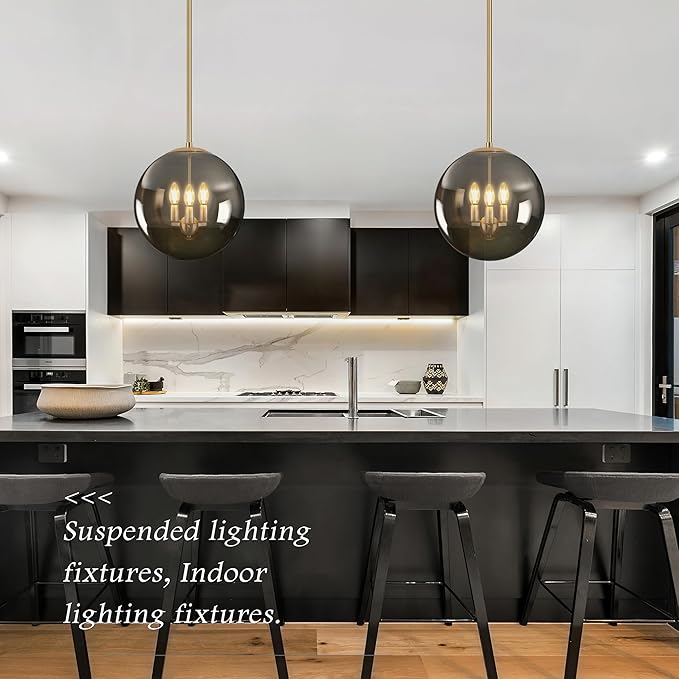 Bagood 14 Inch Globe Pendant Light Gold Large Globe Pendant Lights Kitchen Island Gold Mid Century Light Fixture with Gray Clear Glass Adjustable Hanging Lights for Living Room Foyer (Bulb Included)
