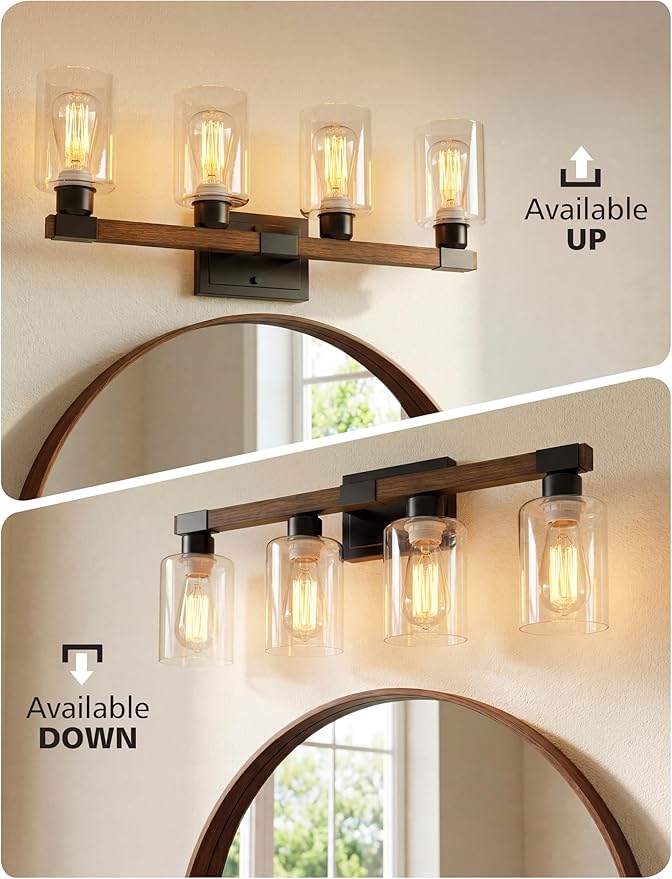 VOLISUN Farmhouse Bathroom Light Fixtures, 4 Light Bathroom Vanity Lights Over Mirror, Rustic Vanity Light for Bathrooms,Wood Bathrooms Lights Fixtures Over Mirror-UL Certificated