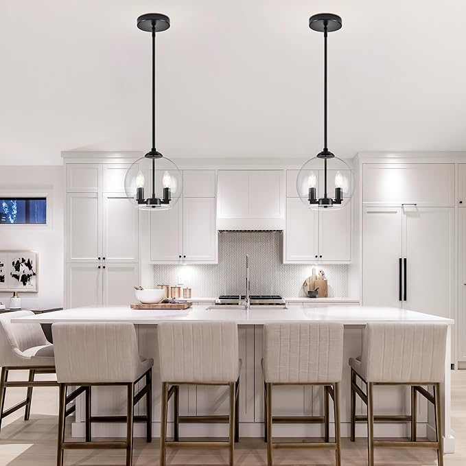 10" Globe Pendant Lights Kitchen Island Glass Globe Pendant Light Fixture Bedroom Mid Century Modern Pendant Lighting Black Pendant Light for Kitchen Island Dinning Room (Bulb Incl.)
