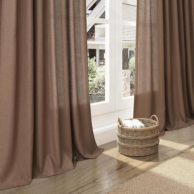 Caramel Brown Linen Curtains for Living Room Extra Long 144 Inches Long Back Tab Light Filtering Semi Sheer Curtain Vintage Rustic Decor Floor to Ceiling High Window for Bedroom 52x144, 2 Panels