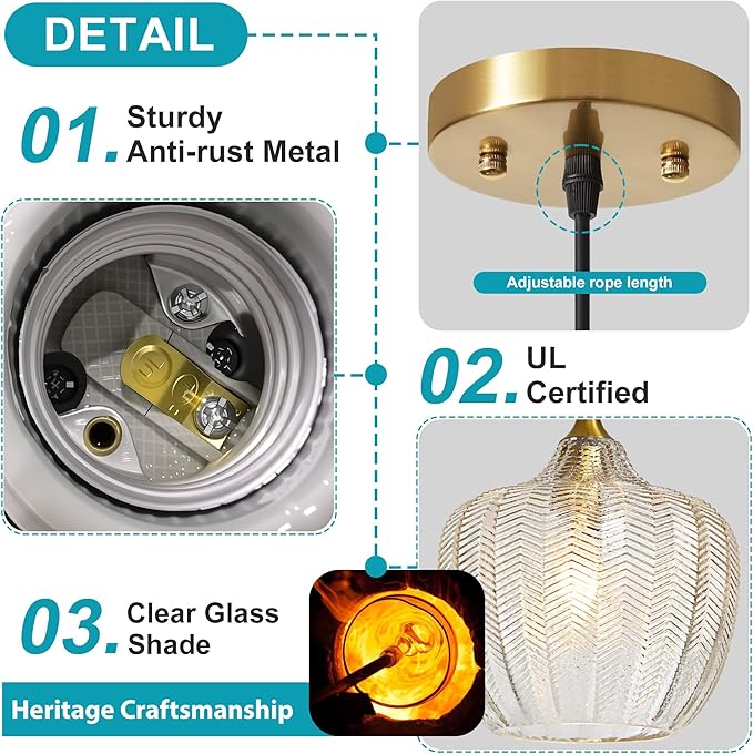 Modern Gold Pendant Light 2 Pack, Clear Glass Kitchen Island Pendant Light Fixture Adjustable Vintage Hanging Ceiling Light for Dining Room Corridor Bedroom 9.45 inch, UL Certification