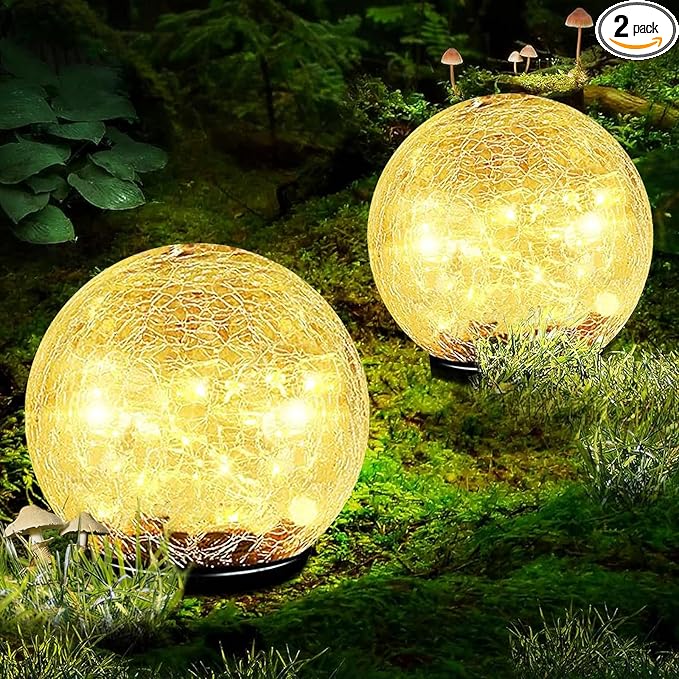 Garden Solar Ball Lights Outdoor Waterproof, 80 LED Cracked Glass Globe Solar Power Ground Lights for Path Yard Patio Lawn, Halloween Christmas Decoration Landscape Warm White(2 Pack 5.9'')