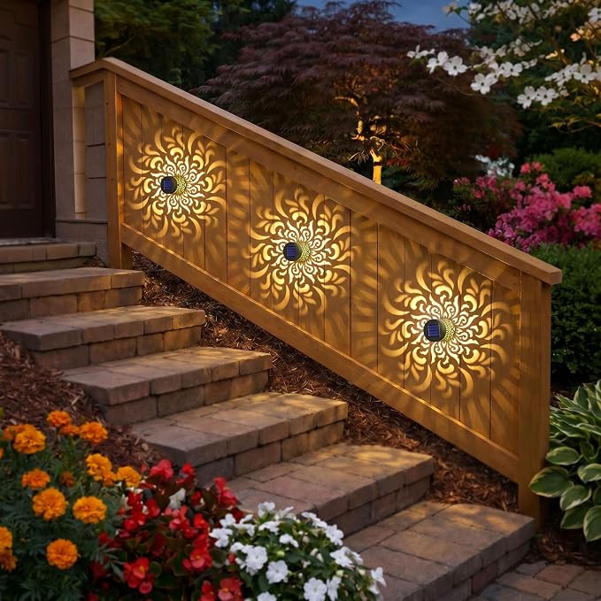 Solar Fence Lights 4 Pack Outdoor Deck Step Wall Lights Metal Waterproof LED Warm Yellow Light for Garden Post Patio Backyard Yard Decor (Mandala-5, 4)