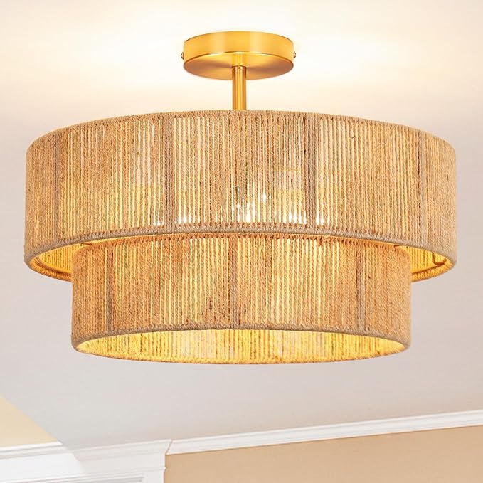 18" Boho Semi Flush Mount Ceiling Light Gold Rattan Ceiling Light Farmhouse Ceiling Lamp with Natural Hemp Rope Lampshade for Dining Room Living Room Bedroom Kitchen