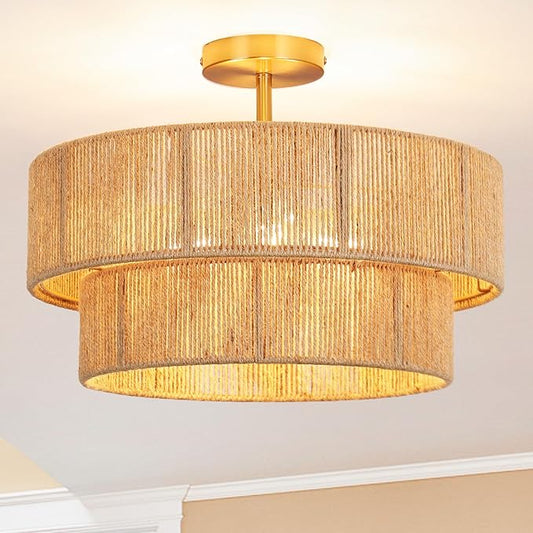 18" Boho Semi Flush Mount Ceiling Light Gold Rattan Ceiling Light Farmhouse Ceiling Lamp with Natural Hemp Rope Lampshade for Dining Room Living Room Bedroom Kitchen