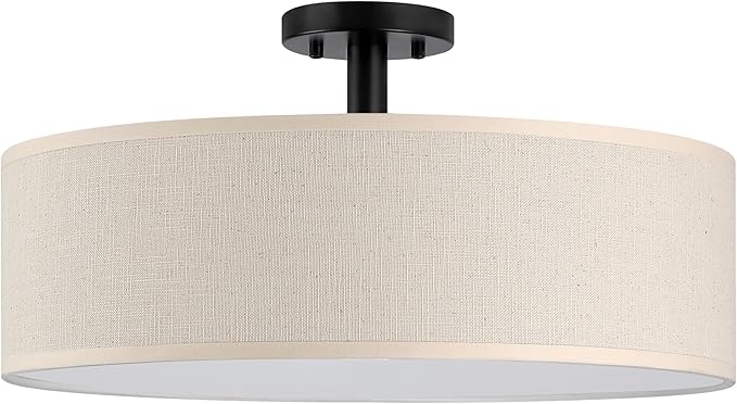 4 Light 18 Inch Semi Flush Mount Close to Ceiling Light Fixture,Off White Fabric Shade Black Finish for Bedroom,Living Room,Dining Room Hallway