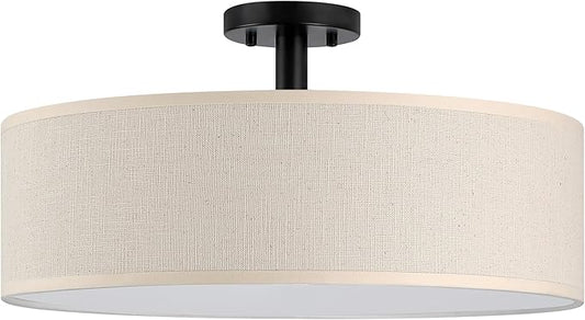 4 Light 18 Inch Semi Flush Mount Close to Ceiling Light Fixture,Off White Fabric Shade Black Finish for Bedroom,Living Room,Dining Room Hallway