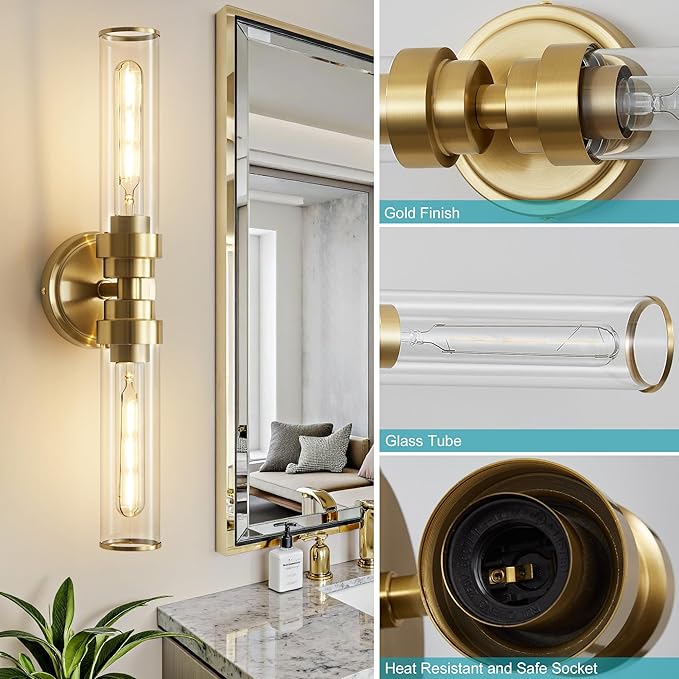 Bathroom Light Fixtures, Gold Wall Sconce in Clear Glass Vanity Lights, Modern Bathroom Vanity Light Up and Down Sconces Wall Lighting for Living Room, Hallway, Bedroom - Bulb Not Included