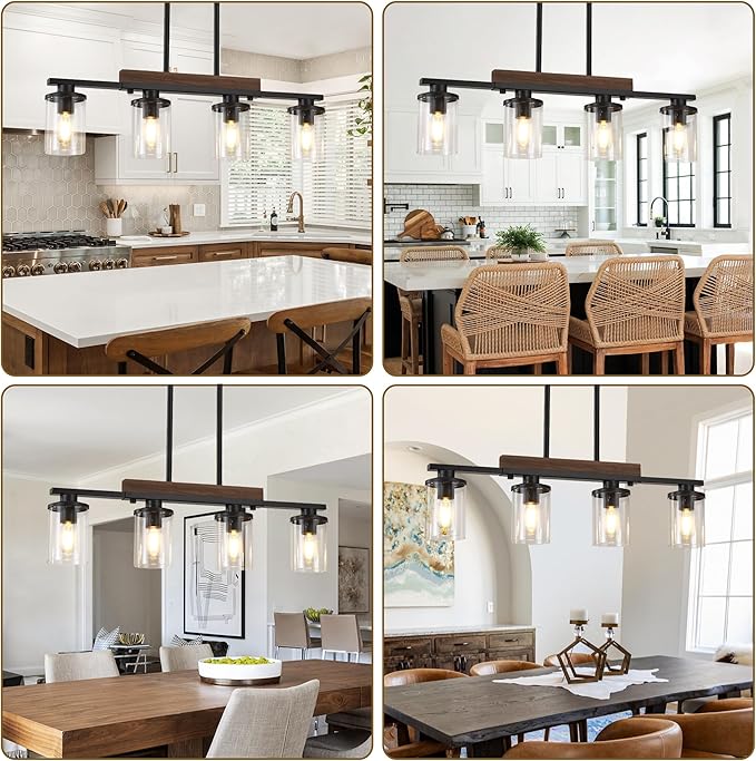 29.3'' Kitchen Island Light Fixtures, 4-Light Dining Room Light Fixture Chandelier Over Table, Black Modern Rustic Wood Ceiling Pendant Light Fixtures, with Clear Glass Shade, Farmhouse Chandelier