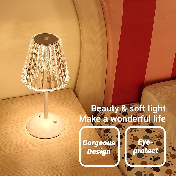 Cordless Table Lamp, 4000mAh Rechargeable Battery Operated Lamp, 3 Color Modes & Stepless Dimmable LED Touch Lamp, Portable Crystal Metal Beside Lamps for Bedroom Restaurant Outdoor(White)