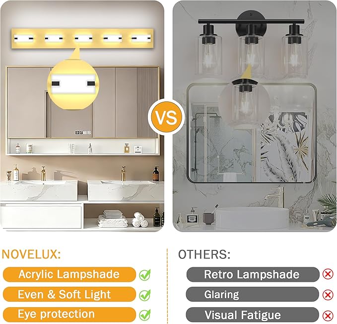 LED Bathroom Light Fixtures, 5-Light Modern Vanity Lights with Milky White Frosted Acrylic Shades, Gold Bathroom Lighting Fixtures Over Mirror, ETL Listed, 35W 5CCT Adjustable