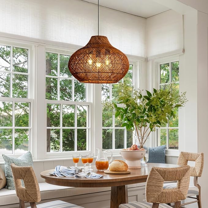 18.9IN Boho Rattan Chandelier 3-Lights Hand-Woven Rattan Pendant Light Farmhouse Wicker Dining Room Light Hanging Bamboo Pendant Light Fixture for Kitchen Island Living Room Hallway Reataurant
