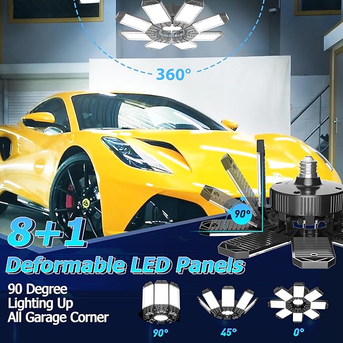 ISKYDRAW LED Garage Lights 2 Pack, 260W 26000LM Bright Shop Light with 8+1 Deformable Panels, 6500K Garage Ceiling Light Screw in E26/E27 Bulb Bay Lighting for Workshop Basement Barn Attic