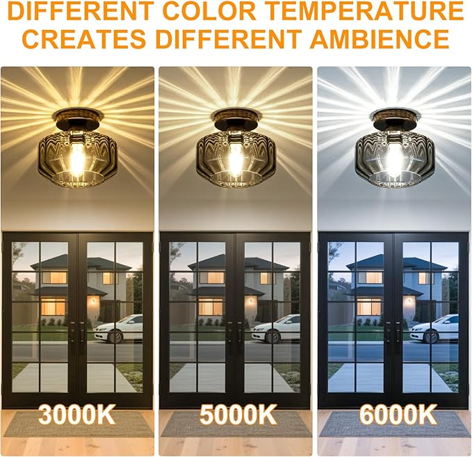 Tbaoinal Semi Flush Mount Ceiling Light Textrued Smoked Glass Shade Matal Base Inclede LED Bulb,for Kitchen/Hallway/Entryway/Bathroom for a Black Champagne Gold