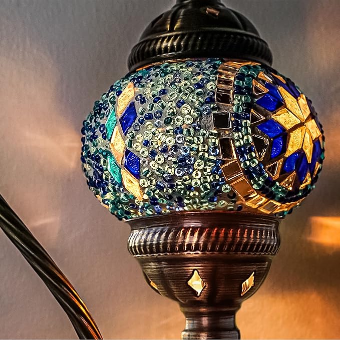 Turkish Mosaic Lamp, Blue Handmade Moroccon Lamp, Decorative Glass Antique Bohemian Vintage Colorful, Swan Neck Bedside Table Desk Lamp, (LED Bulb Included)