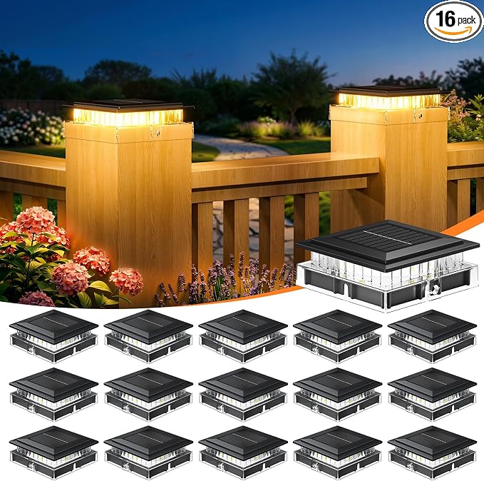 16 Pack 4x4 Solar Post Cap Lights Outdoor, Fence Post Solar Lights with Warm Light Mode, Waterproof Fence Deck Post Lights Solar Powered Fits 4x4 3.5x3.5 Vinyl Wooden Posts for Deck Porch