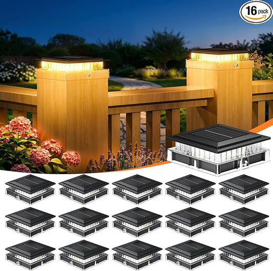 16 Pack 4x4 Solar Post Cap Lights Outdoor, Fence Post Solar Lights with Warm Light Mode, Waterproof Fence Deck Post Lights Solar Powered Fits 4x4 3.5x3.5 Vinyl Wooden Posts for Deck Porch