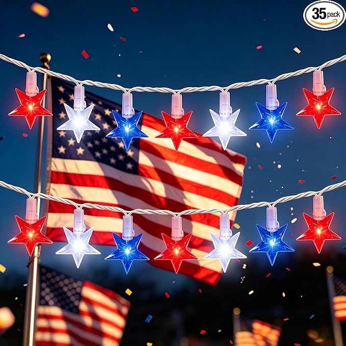 13.6Ft Red White and Blue Star String Lights, 35 LED Patriotic Lights for Flag Day 4th of July Decorations, Waterproof Plug in Fairy Lights for Indoor Outdoor Fence Backyard Patio Independence Day