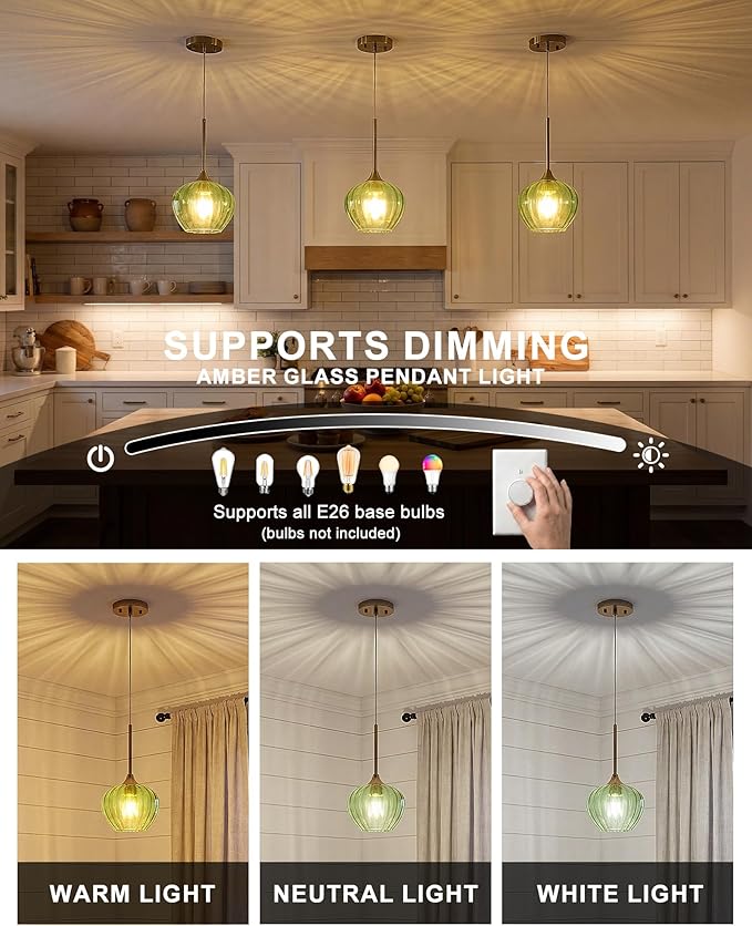 Green Glass Pendant Lights Kitchen Island, 7" Vintage Pendant Lighting with Brushed Gold Adjustable Hanging Light Fixtures for Kitchen, Dining Room, Sink, Bathroom