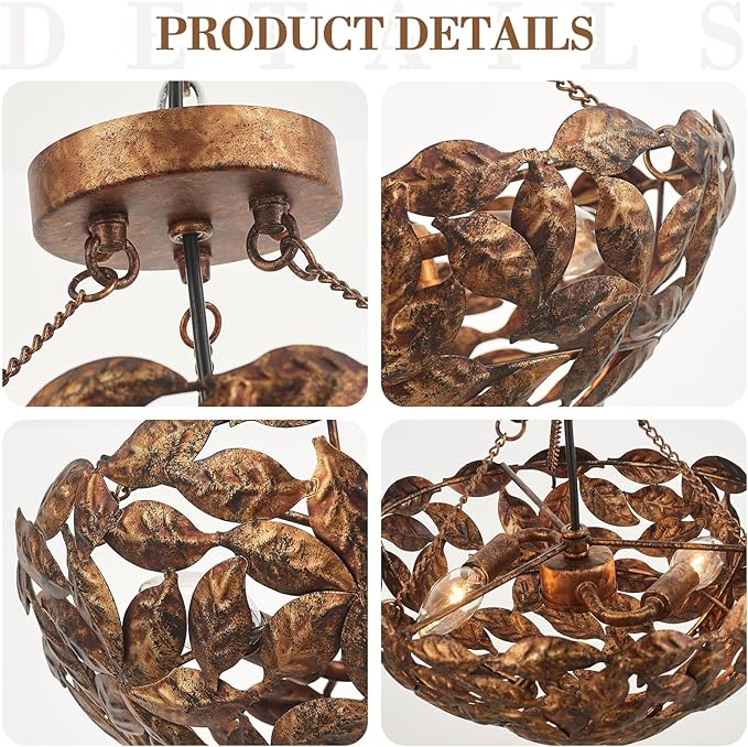 Vintage Flush Mount Ceiling Light with Leaves Design Shade, Dome Hallway Lighting Fixture, Industrial Light Fixture for Bedroom Entryway Kitchen Laundry