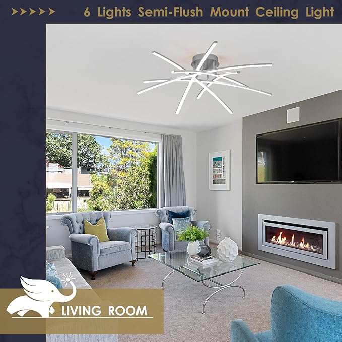 Semi Flush Mount Ceiling Light, 32.8” Dimmable LED Chandelier Modern Ceiling Lighting Fixture Dimmable Remote Control 6-Lights Lamp for Living Room Dining Room Bedroom 65W 3000K-6000K