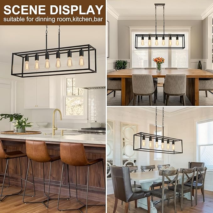 Boncoo 6 Light Black Chandeliers for Dining Room, Adjustable Height Linear Chandelier Kitchen Light Fixture, Modern Farmhouse Chandelier Rectangle Island Light for Kitchen Hanging Light Fixtures