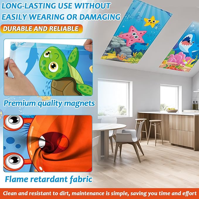 6 Pcs Fluorescent Light Covers with 60 Magnets Decorative for Classroom Ceiling Lights 4 x 2 Feet Magnetic Light Cover Filter Easy Install for VBS Office Hospital Home Ceiling Supplies (Ocean Animal)
