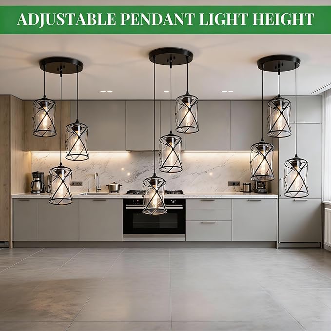 3 Light Pendant Lighting, Farmhouse Hanging Light Fixture for Kitchen Island & Dining Room, Industrial Vintage Ceiling Lamp with E26 Base, Adjustable Height, Matte Black with Glass Shades