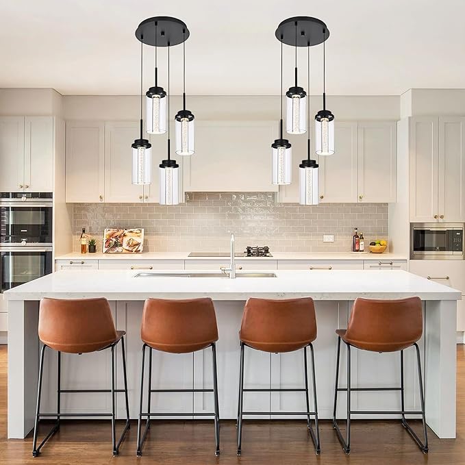 MELUCEE 4-Light Dimmable LED Pendant Light Dining Room Light Fixture Over Table Black Chandelier, 3000K-6000K Adjustable Color Temperature Island Lights with Clear Glass Shade