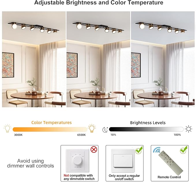 Garwarm Modern Ceiling Light Track Lighting Fixtures, 48.4 Inch Dimmable LED Kitchen Ceiling Light with Remote 6-Light Black LED Chandelier for Dining Room Bedroom