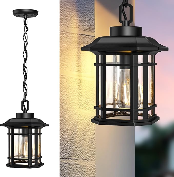 WIHTU Outdoor Pendant Light Fixture, Exterior Hanging Lights, Hanging Lantern with Adjustable Chain, Anti-Rust Aluminum Frame with Glass with Raindrop Effect for Front Door Ceiling Entry Porch