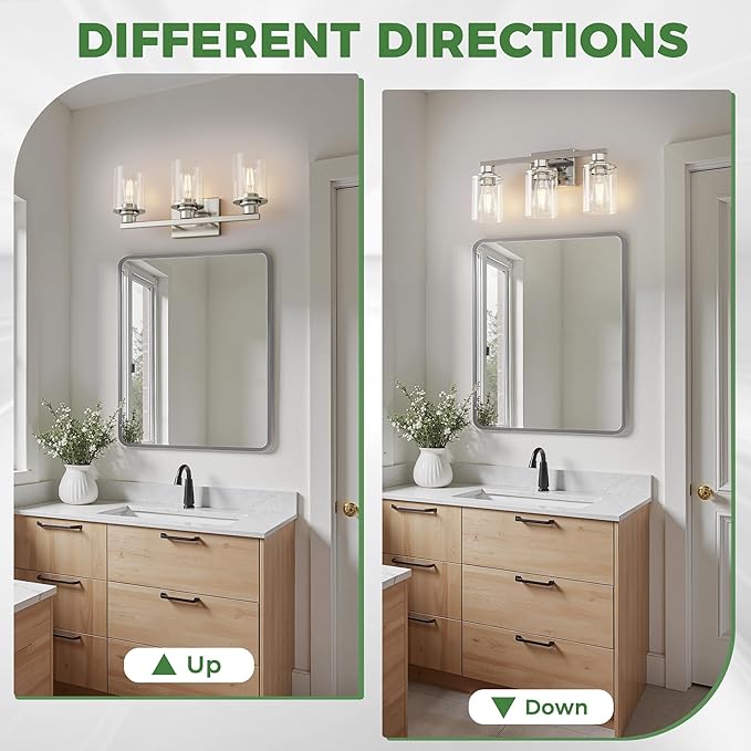 DORESshop 17 Inch Bathroom Light Fixtures, 3-Light Nickel Bathroom Lighting Fixtures Over Mirror with Clear Glass Shade, Vanity Lights for Living Room Bedroom