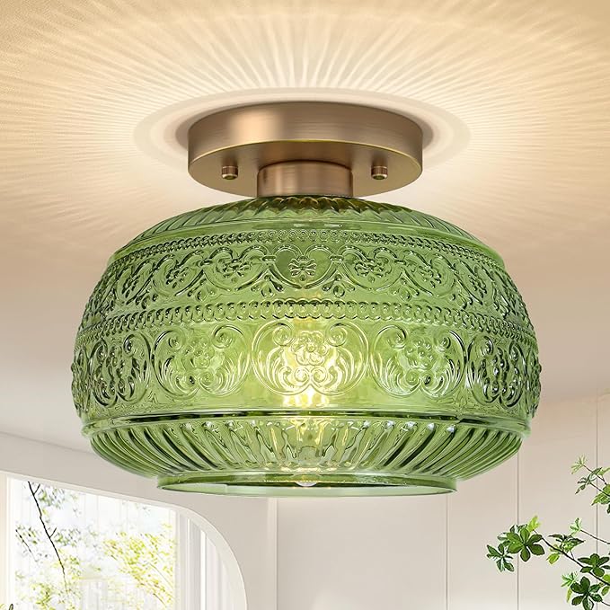 Semi Flush Mount Ceiling Light, 9" Green Glass Gold Fixture, Modern Close to Ceiling Light for Kitchen Hallway Bedroom, E26 Base,Bulb NOT Included