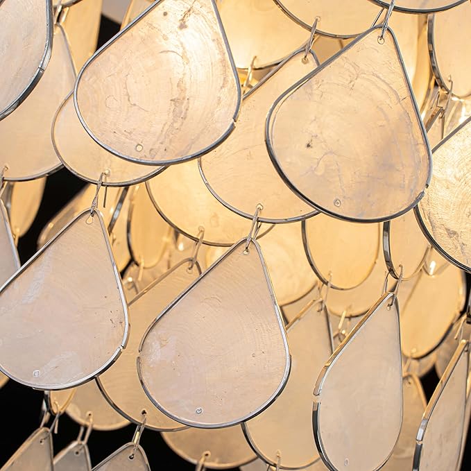 3-Light Teardrop Capiz Shell Ceiling Light, Coastal Design Flushmount Close to Ceiling Light for Kitchen, Dining Room & Bedroom, D11 * H11 inch, Silver Finish