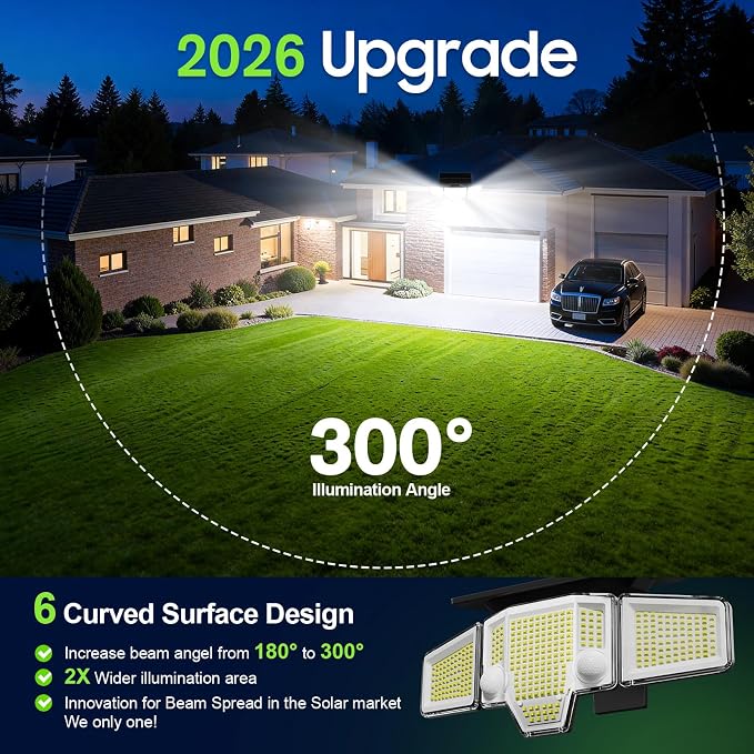 2026 Motion Sensor Solar Lights Outdoor Waterproof, 4000LM Solar Flood Lights with Dual PIR & Curved 300° Wide Beam, Larger 3500mAh Adjustable Solar Security Spot Lights for Yard-1Pack Black