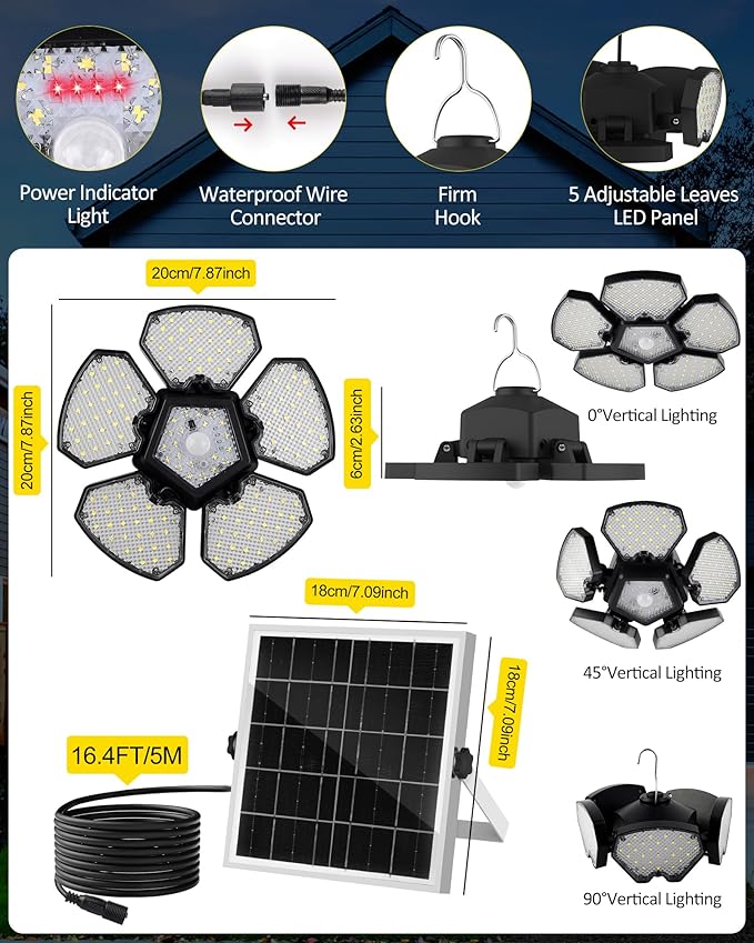 T-SUN Solar Shed Light Indoor Outdoor, 1200LM 156LED Motion Sensor Pendant Light with 5 Lighting Modes & Remote, Daytime Available Waterproof Indoor Light for Shed Barn Gazebo Shop Garage