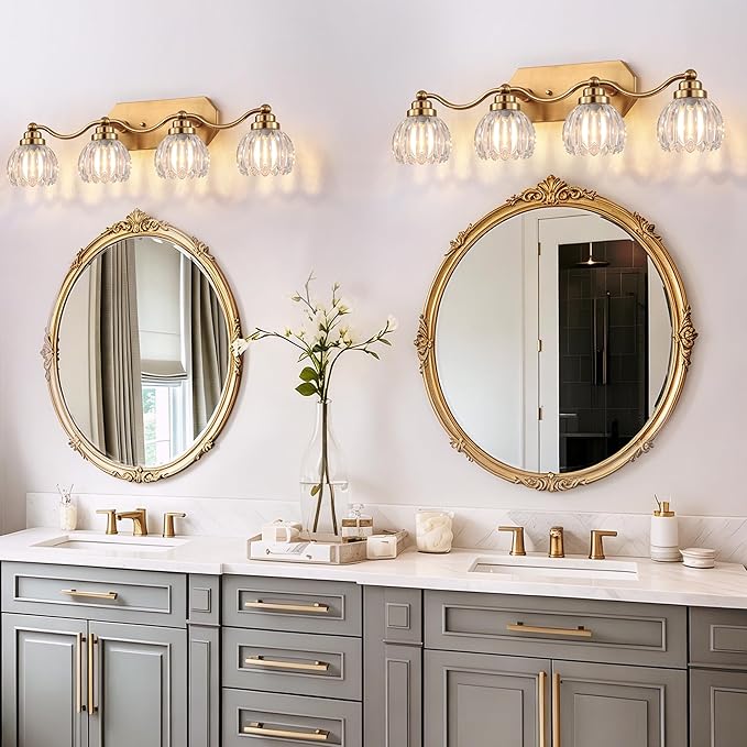 VbiTmn Gold Bathroom Light Fixtures, 4 Light Vintage Vanity Lights, Antique Brass Brushed Gold Finish, Crystal Transparent Glass Shade, Mid Century Wall Sconces for Bedroom, Living Room, Hallway