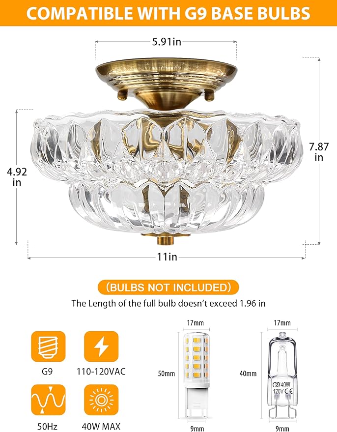 Semi Flush Mount Ceiling Light,11IN Vintage Gold Hallway Lights Fixture,3-Bulb Globe Clear Glass Close to Ceiling Light for Bathroom, Hallway, Dining Room,Bulb Not Included