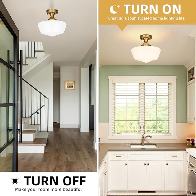 Bagood 12" Brass Schoolhouse Lights Fixture Milk Glass Light Fixtures Mid Century Light Fixtures School House Lights Fixture Ceiling Semi Flush Mount Ceiling for Bathroom Bedroom (Bulb Incl.)