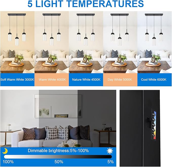 MELUCEE Dimmable LED Pendant Light 3-Light Linear Dining Room Light Fixture Over Table Black Chandelier, 3000K-6000K Adjustable Color Temperature Island Lights with Clear Glass Shade