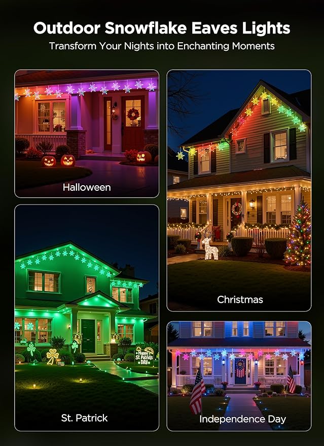 Brightown Smart Christmas Snowflake Lights, 12ft 96LED with 8 Drops Outdoor Icicle Lights with APP Control & Music Sync, Waterproof Connectable, 80+ Scene Modes for Roof, Window, Yard, Patio