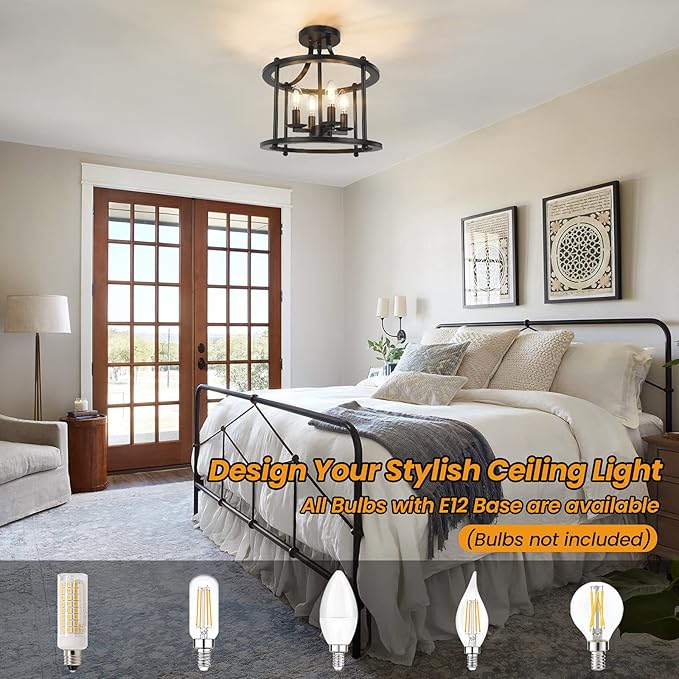 Farmhouse Semi Flush Mount Ceiling Light Fixture, 4-Light Industrial Ceiling Light w/ E12 Base Metal Rustic Vintage Chandelier Lighting for Kitchen Dining Room Hallway Entryway Foyer (Matte Black)
