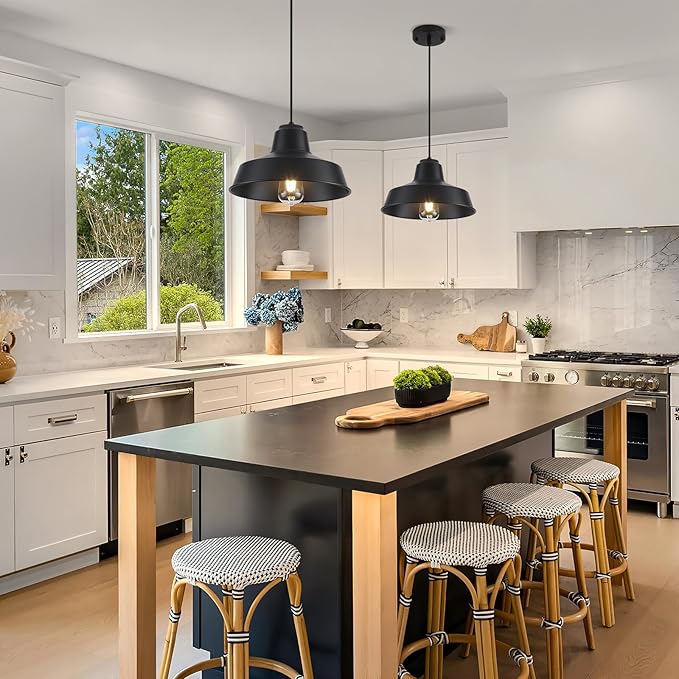 Black Pendant Lights Kitchen Island 2 Pack, 11.8" Farmhouse Kitchen Island Light, Matte Black Industrial Pendant Lighting, Modern Pendant Lights for Kitchen Island Dining Room
