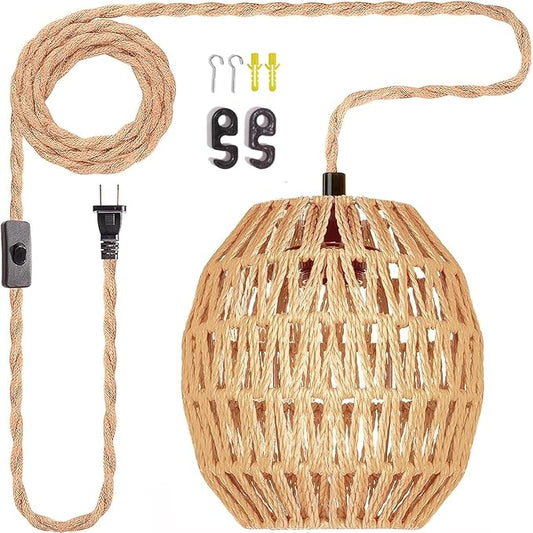 Maliralt Hanging Lamps Rattan Pendant Light Hanging Lights 16.4ft Plug in Cord Pendant Light Fixture Plug Into Wall Outlet Pendant Lighting with On Off Switch for Bedroom Living (Egg Shade)