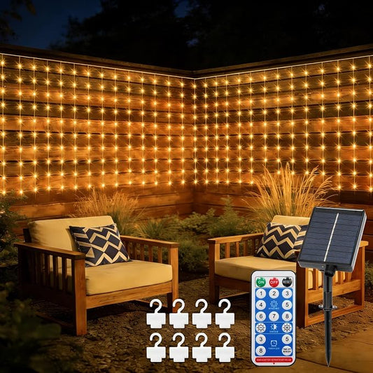 DBFAIRY Solar Curtain Lights 200 LED Outdoor Curtain Lights Waterproof | 13 x 3.9ft Solar Twinkle Curtain Lights with Remote Timer Dimmable for Garden Party Wedding Decór, Warm White