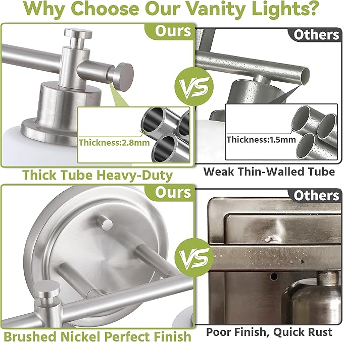 3-Light Bathroom Vanity Light Fixtures, Brushed Nickel Bathroom Wall Sconce, Modern Vanity Light with Milky White Glass Shade Over Mirror, Bathroom, Bedroom, E26 Base, 17 Inch