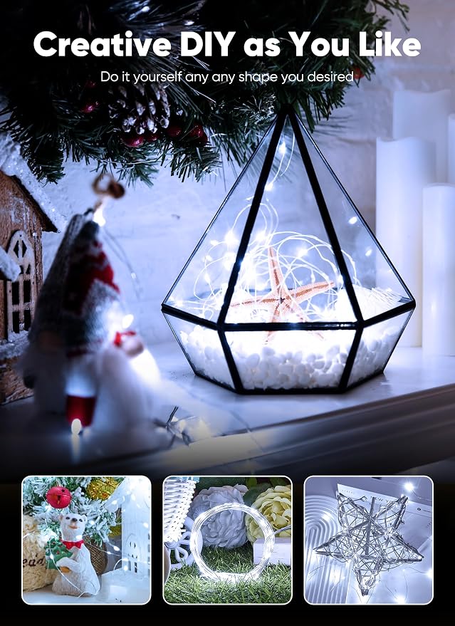 33Ft 100LED Outdoor String Lights, Pure White Fairy Lights Battery Operated with Remote, Waterproof Twinkle Lights for Bedroom Dorm Patio Tapestry Backyard Garden Party Indoor Christmas Decoration
