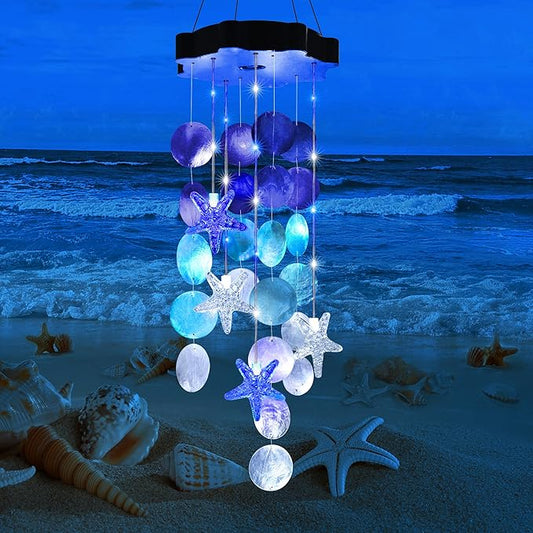 Solar Shell Gift for Mom Grandma Girls, White & Blue Solar Wind Chimes for Outside, Outdoor Decorative Mobile Lights for Garden, Yard, Patio, Window, Party, Outdoor Decorations