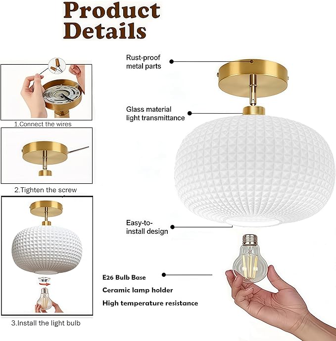 Semi Flush Mount Ceiling Light Fixture,Milk White Glass Ceiling Light,Kitchen Ceiling Light Fixture,Upgrade Sloped Ceiling Lights,Vintage Ceiling Lamp,Mid-Century Ceiling Light for Entryway Bedroom