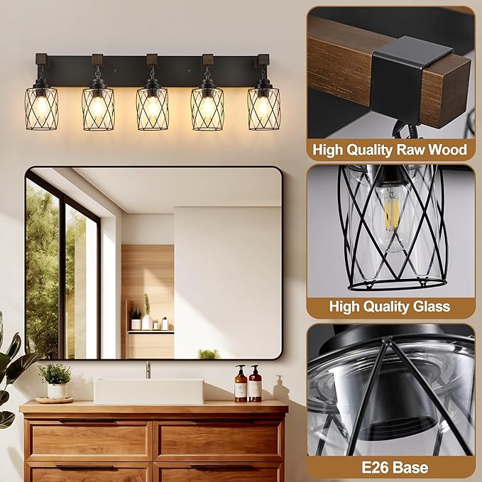 Farmhouse Bathroom Light Fixtures, 5 Light Bathroom Vanity Light with Metal and Glass Lampshade, Wood Rustic Lighting Fixtures Over Mirror, Black Wall Sconces for Living Room, Bedroom
